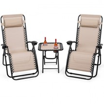 3 Piece Folding Portable Reclining Lounge Chairs Table Set Tan - £222.47 GBP