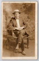 RPPC Young Man Boater Hat Seated For Studio Photo Postcard N28 - £5.55 GBP