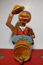 ANRI Seated Man Tips Hat Bottle Stopper Carved Puppet Barware Vintage Mechanical - £37.23 GBP