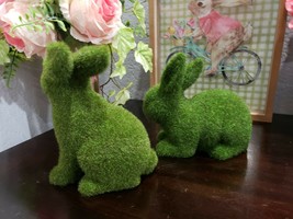 2 GREEN FAUX MOSS EASTER SPRING BUNNY RABBITS FIGURE STATUE  DECOR NEW - $38.99