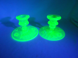 Antique Uranium Candle Holders Matching Set Etched Glass - £38.79 GBP