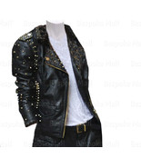 New Woman&#39;s Black Silver Studded Brando Style Cowhide Biker Leather Jack... - £226.72 GBP