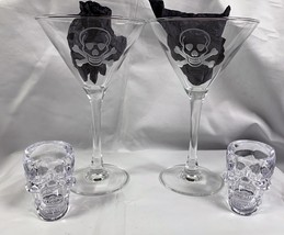 2 Etched Skull Martini Glases + 2 Crystal Head Vodka Skull Acrylic Shot ... - $49.45
