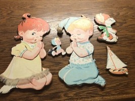 Vtg 1950s 5 piece Nursery Wall Decor Praying Boy Girl Baby Dog Boat Doll... - $31.68