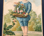 Person In Blue Holding Flowers Victorian Trade Card VTC 8 - £7.11 GBP