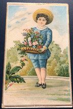 Person In Blue Holding Flowers Victorian Trade Card VTC 8 - $8.90