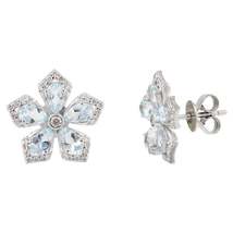 18k White Gold Stunning Aquamarine Diamond Flower Stud Earrings for Her - £1,327.21 GBP