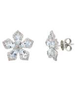 18k White Gold Stunning Aquamarine Diamond Flower Stud Earrings for Her - £1,342.24 GBP