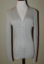 Lauren Ralph Lauren Sz M Womens V-Neck Sweater Silver Cable Knit Long Sl... - £35.08 GBP