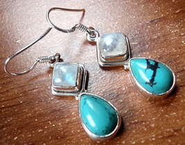 Turquoise &amp; Moonstone Earrings 925 Sterling Silver Dangle Corona Sun Jewelry New - £12.94 GBP