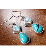 Turquoise &amp; Moonstone Earrings 925 Sterling Silver Dangle Corona Sun Jew... - £12.91 GBP