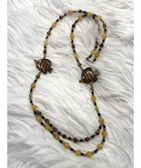 Wooden Bead Hand Painted Nautical Fish Necklace Recycled Glass Beads Barrel - $14.99