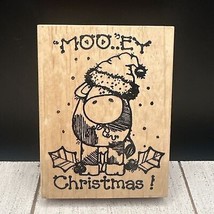 Vintage Large Wooden Mounted Rubber Stamp Moo..Ey Christmas Cow Xmas Mooey P13 - £5.73 GBP