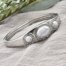 White Howlite and Austrian Crystal Bangle 7.5&quot; Bracelet in Stainless Steel  New - $22.27