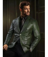 New Men Blazer Green Two-Button Handmade Lambskin Leather Fashion Stylis... - $2,457.01 MXN+