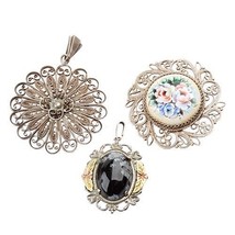 Three Antique Vintage 925 Sterling Silver Flower Brooch And Pendants - £74.37 GBP