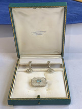Antique 14K White Gold Diamond Camphor Glass Jewelry Set 11.64g Blue Topaz Color - £949.41 GBP