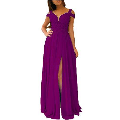 Illusion Top Front Slit Off The Shoulder Sexy Long Prom Dress Deep Purple US 8