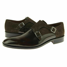 Handmade Men&#39;s Leather Brown Magnificent Rounded Toe Monk straps Shoes-703 - £177.40 GBP