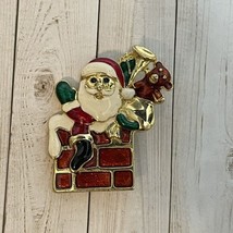 Vintage Christmas Santa Claus Chimney Presents Red White Enamel Brooch Pin 1.75&quot; - £8.51 GBP