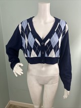 Divided H&amp;M Women&#39;s Blue Diamond Argyle Knit Cropped Cardigan Sweater Sz... - $11.87