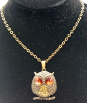 Bronze Owl Pendant Necklace Rhinestone Eyes and Chest 20&quot; Chain/1.5&quot; Pendant - £15.86 GBP