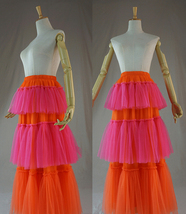 Orange Hot-pink Tiered Tulle Maxi Skirt Women Plus Size Tulle Maxi Skirt image 5