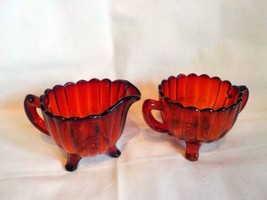 Vintage Red Imperial Glass Pillar Flute Cream and Sugar Set - $15.00