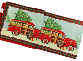 Christmas Plaid Table Runner Tapestry 13x72&quot; Woody Station Wagon Dog - £28.50 GBP