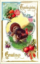 Vtg Embossed Unused Thanksgiving Turkey Patriotic Crest Harvest Gilded Unposted - £7.80 GBP