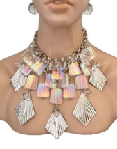 Aurora Borealis Lucite  Beads Evening Choker Bib Fringe Statement Necklace - $62.70