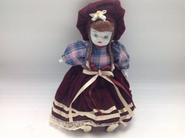 Doll Resin Traditional Folk Costume Long Velvet Dress Hat Braids 10&quot; Vintage - $19.59