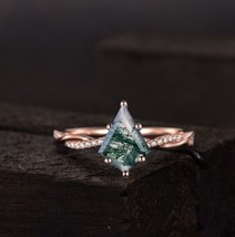 Kite-Cut Moss Agate Engagement Ring, 925 Twisted Agate 8*4 - £51.43 GBP
