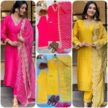 Pink Leheriya Salwar Suit, Sequin Zari Work Top Gharara &amp; Dupatta Set Fully Stit - £64.39 GBP