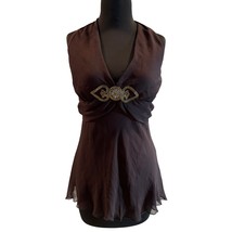 Cache Brown Ruched Plunging V Beaded Encrusted Halter Top M/L New Lined ... - $35.20
