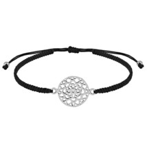 Symbolic Mandala Flower Sterling Silver Charm on Black Adjustable Bracelet - £12.04 GBP