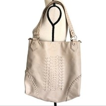 Women Large Nude Leather Tote Bag With Snap Closure - £35.60 GBP