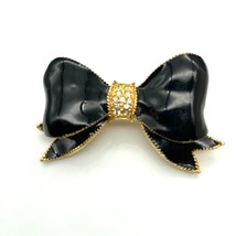 Vintage Black Bow Brooch, Dimensional Enamel Ribbon with Crystal Accents on Gold - $37.74
