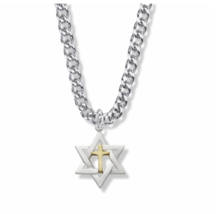 Sterling Silver Two Tone Star Of David With Cross Necklace &amp; Chain - £81.18 GBP