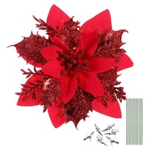 12Pcs Christmas Flower Poinsettias Glitter Artificial Poinsettia Christm... - £26.06 GBP