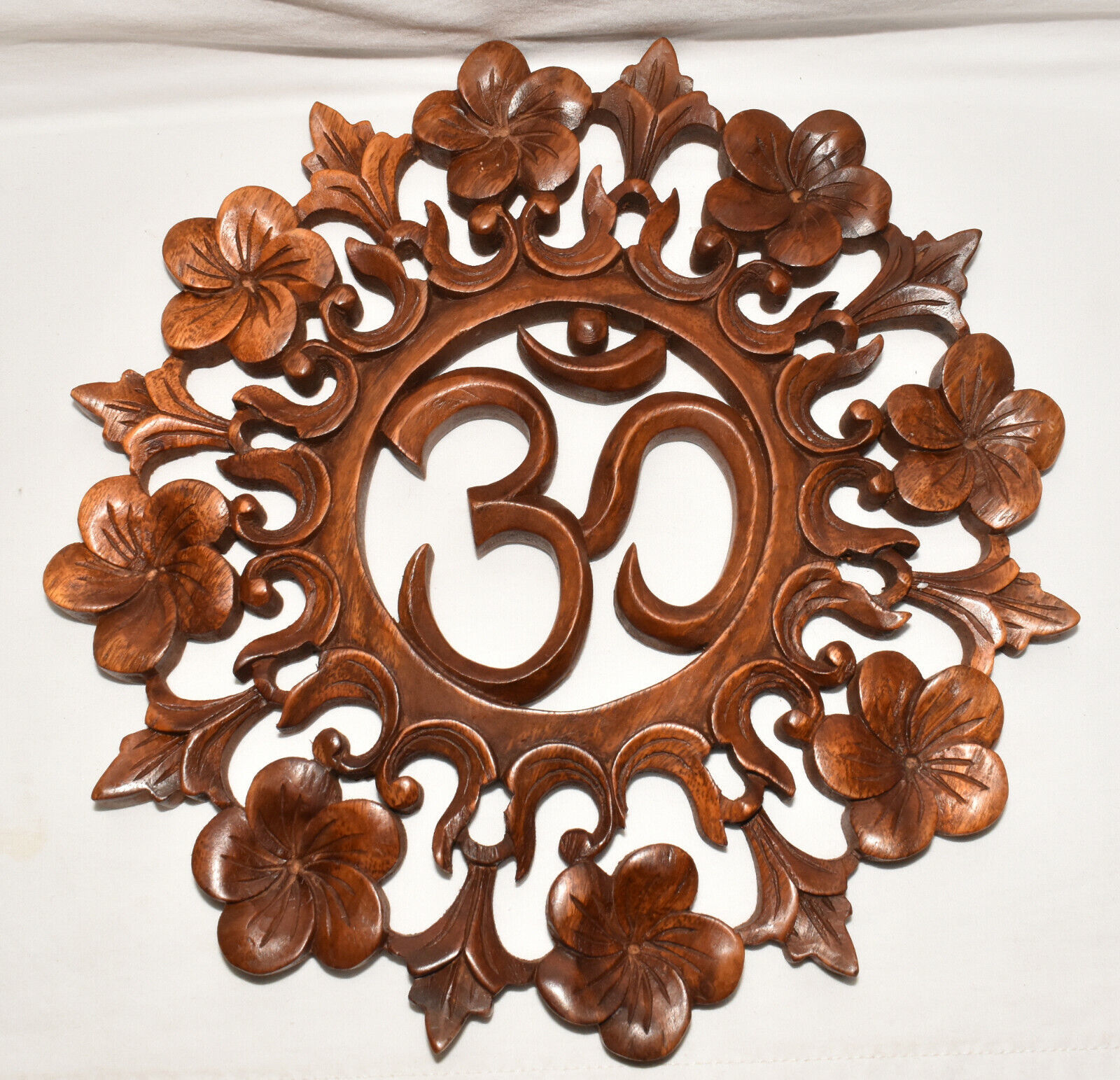 Indonesian Hindu Om Plaque Hand Carved Wood Wall Relief Symbol of Divinity  - $49.95