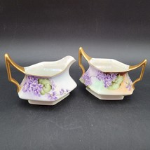 Antique T&amp;V Limoges France Purple Floral Gold Handle Creamer Sugar Set 1907~1919 - £31.57 GBP