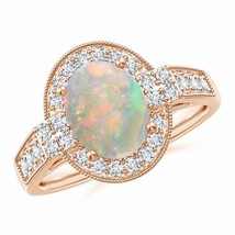 ANGARA Oval Opal Halo Ring with Milgrain Detailing for Women in 14K Solid Gold - £1,394.93 GBP