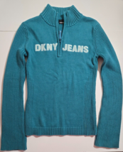 Women&#39;s DKNY Jeans Sweater Turquoise Vintage Y2K Size Large Ribbed 1/4 Z... - $49.98
