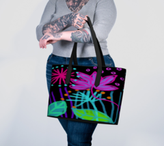 Colorful Abstract Flowers Vegan Leather Large Tote Bag Shoulder Bag Handbag - $90.00