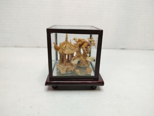 Primary image for Vtg Hand Carved Chinese Asian Cork Diorama 3D Scene in Glass Cube Pagoda Crane