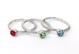 Silver Tone &amp; Rhinestone Stackable 3 pc Ring Lot Red Green Blue Size Approx 7.5 - £9.39 GBP