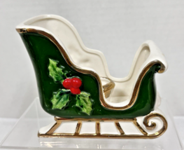 Vintage Christmas Josef Original Green Sleigh w Holly Candle Holder Japan - $44.55