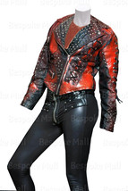 New Woman&#39;s Punk Red Black Unique Spiked Studded Biker Brando Leather Jacket-476 - £303.36 GBP