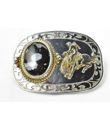 Vtg Polished Stone Belt Buckle Agate Black Gem Western Rodeo Silver w/Go... - $27.67